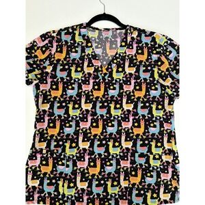 GT Performance Llama Print Scrub Top Women's Large Black V-Neck Medical.    3925